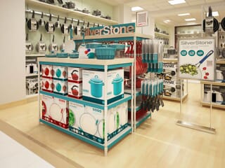 Meyer_Silverstone_Front001 photo-realistic computer-generated rendering of a SilverStone cookware display at Macy's