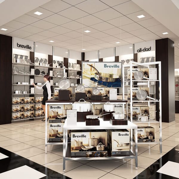 photo-realistic computer-generated rendering of a Breville cookware display at Bloomingdale's