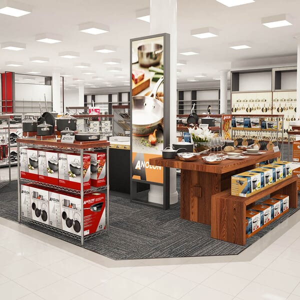 photo-realistic computer-generated rendering of a Anolon cookware display at Macy's