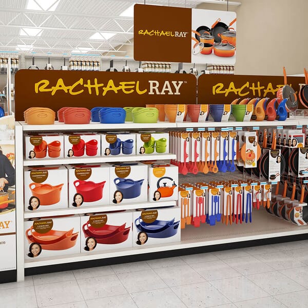 photo-realistic computer-generated rendering of a Rachael Ray cookware display at Walmart