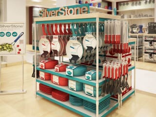meyer_silverstone_back001 photo-realistic computer-generated rendering of a SilverStone cookware display at Macy's