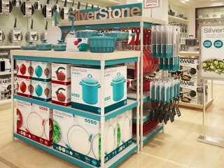 meyer_silverstone_front002 photo-realistic computer-generated rendering of a SilverStone cookware display at Macy's