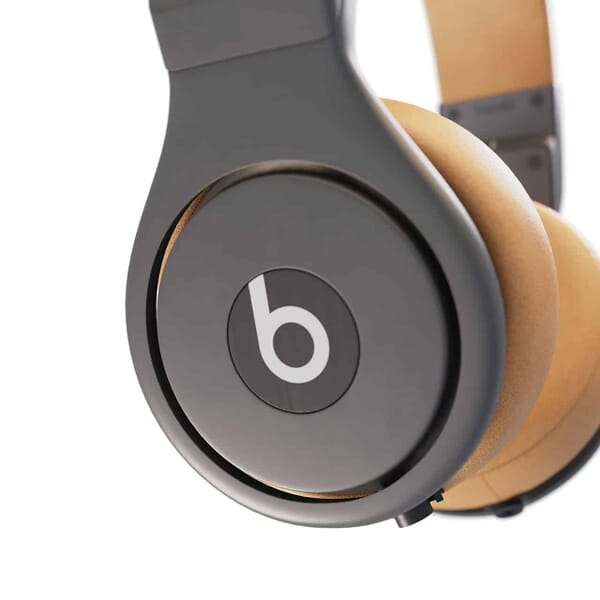 Computer-generated rendering of a Beat headphones showing a close up of the logo