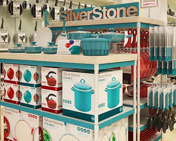 photo-realistic computer-generated rendering of a SilverStone cookware display at Macy's