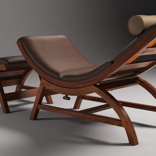 Computer-generated, photo-realistic rendering of Revolution Furniture's lounge in walnut and leather