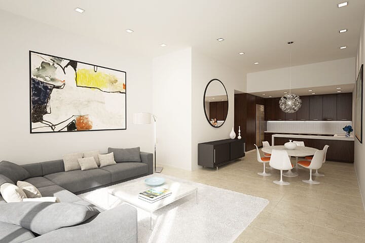 photo-realistic computer-generated rendering of a contemporary style residence living room
